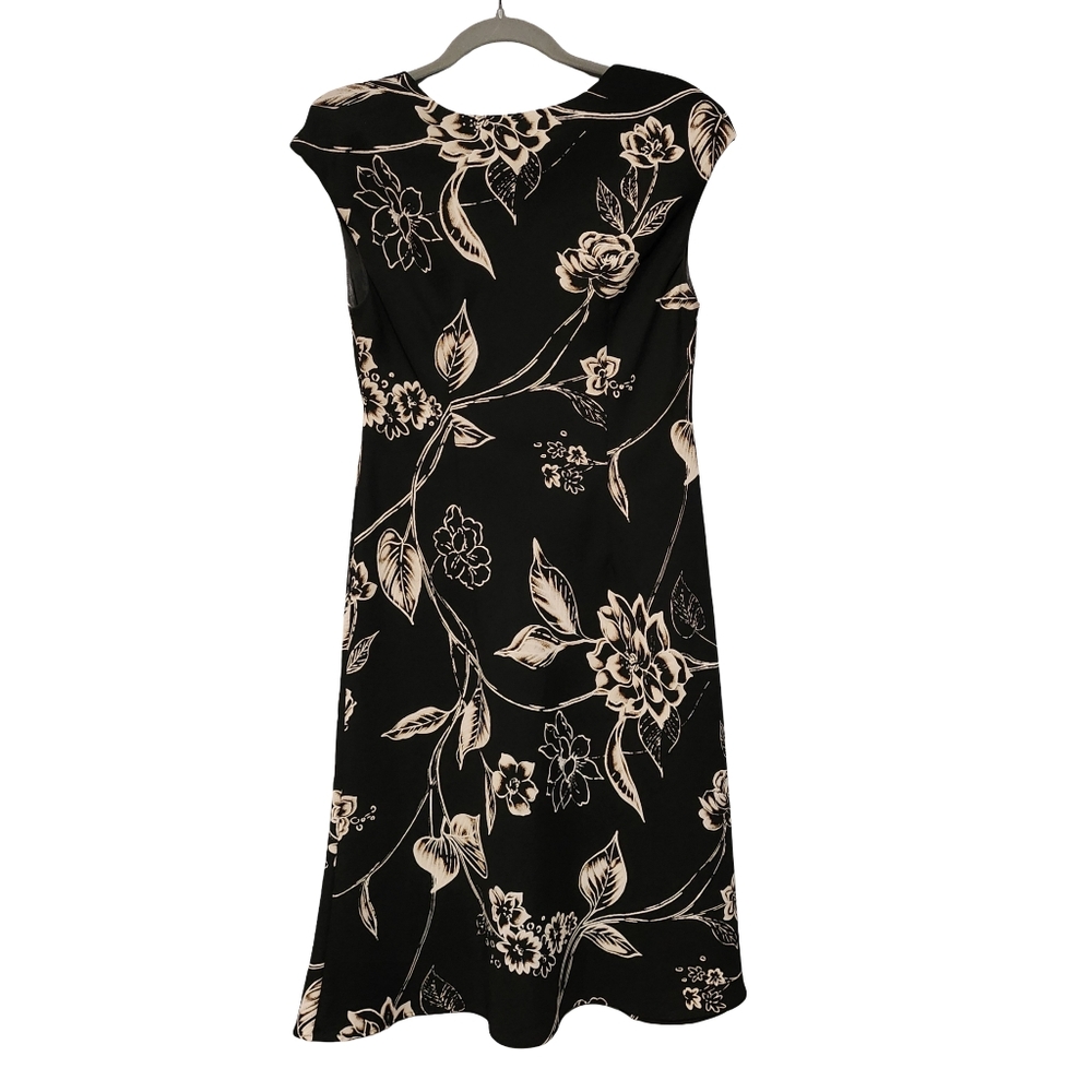 SL FASHIONS Dress Womens 10 Black Beige Floral Midi Career Elegant Formal Party - Picture 6 of 7